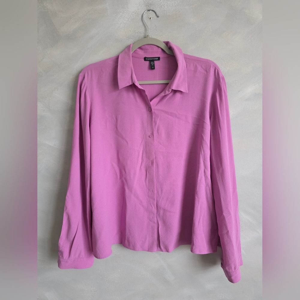 Eileen Fisher 100% Silk Purple Lilac Georgette Crepe Collar Shirt S Oversized